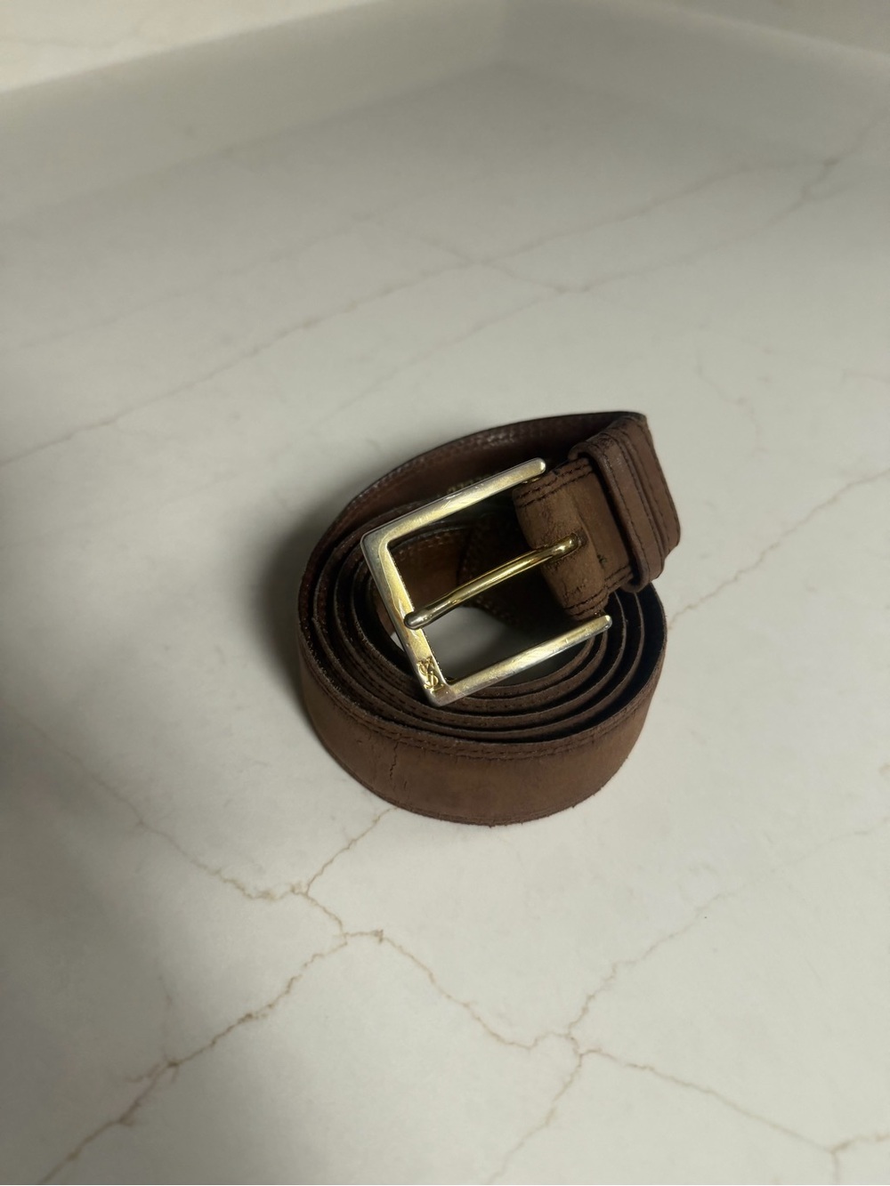 YSL Authentic Brown Suede Leather Belt with Gold Brass Buckle